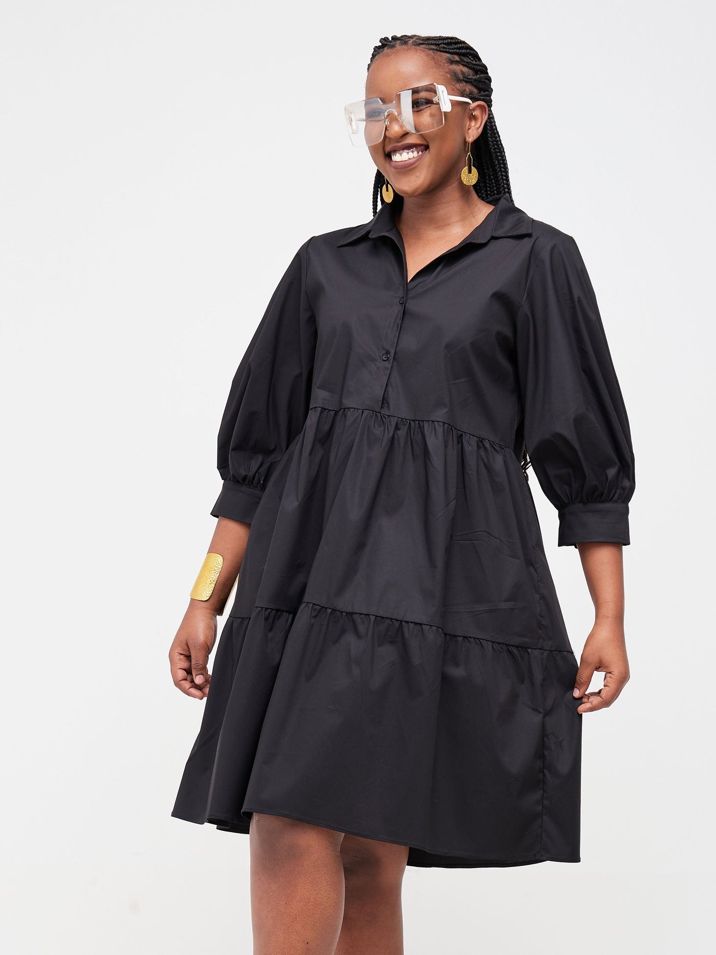 Safari Tawi Shirt Collar Bishop Sleeve Tiered Dress - Black