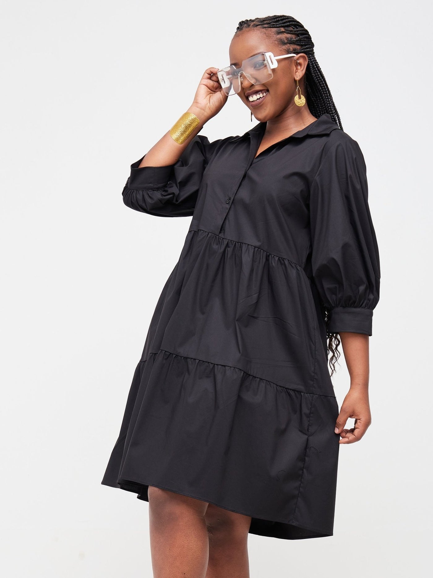 Safari Tawi Shirt Collar Bishop Sleeve Tiered Dress - Black - Shopzetu