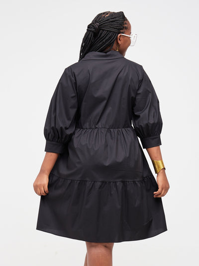 Safari Tawi Shirt Collar Bishop Sleeve Tiered Dress - Black