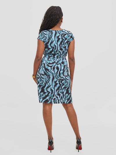 Vivo Muna Cap Sleeved Knee Length Dress - Mint / Black Print - Shopzetu