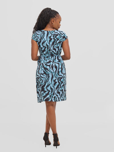 Vivo Muna Cap Sleeved Knee Length Dress - Mint / Black Print - Shopzetu