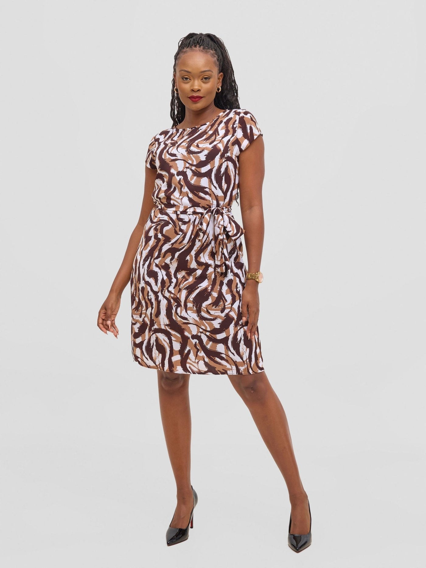 Vivo Muna Cap Sleeved Knee Length Dress - Chocolate / White Print - Shopzetu