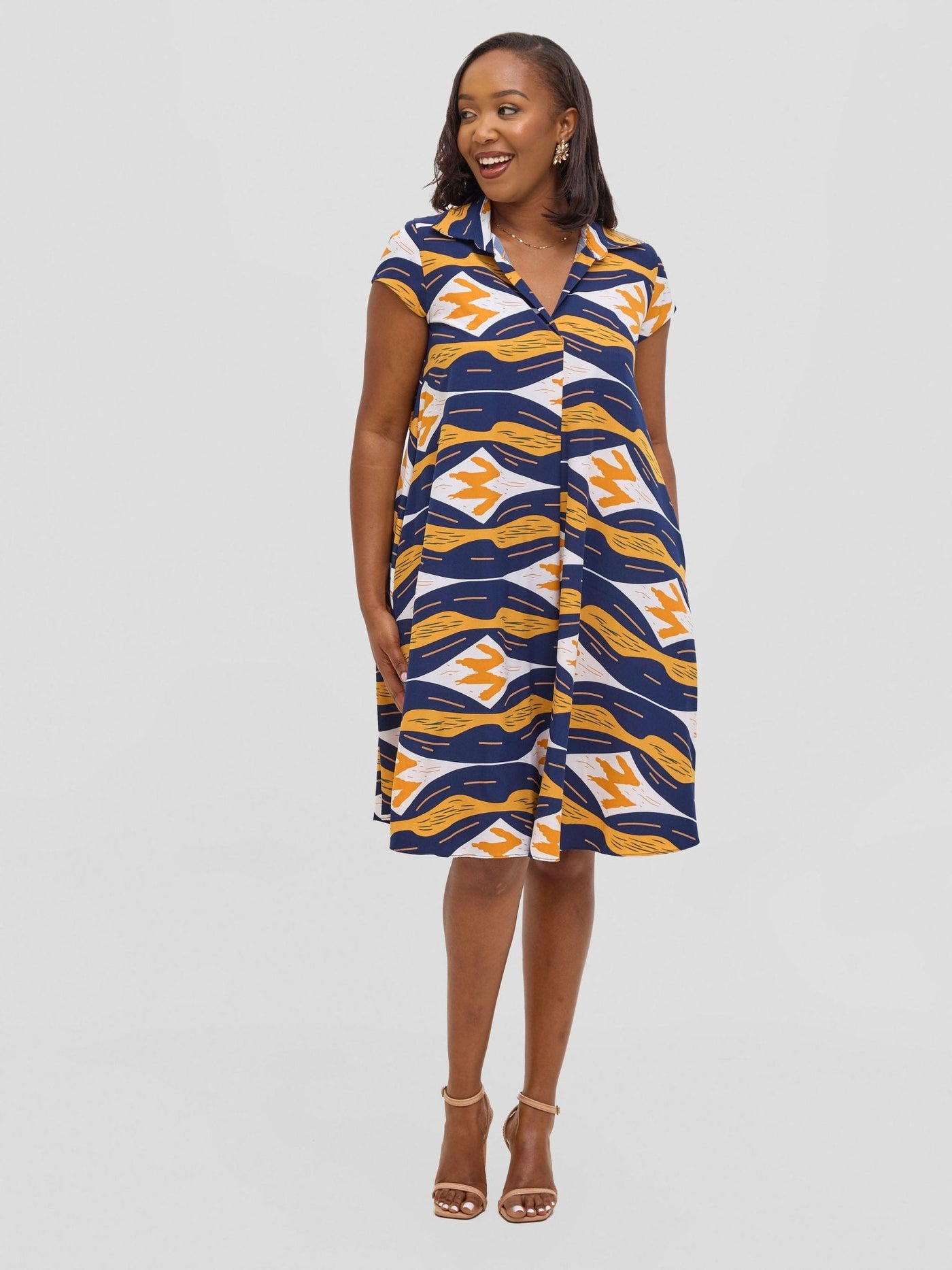 Vivo Yumi Cap Sleeve Dress - Navy / Mustard Print - Shopzetu