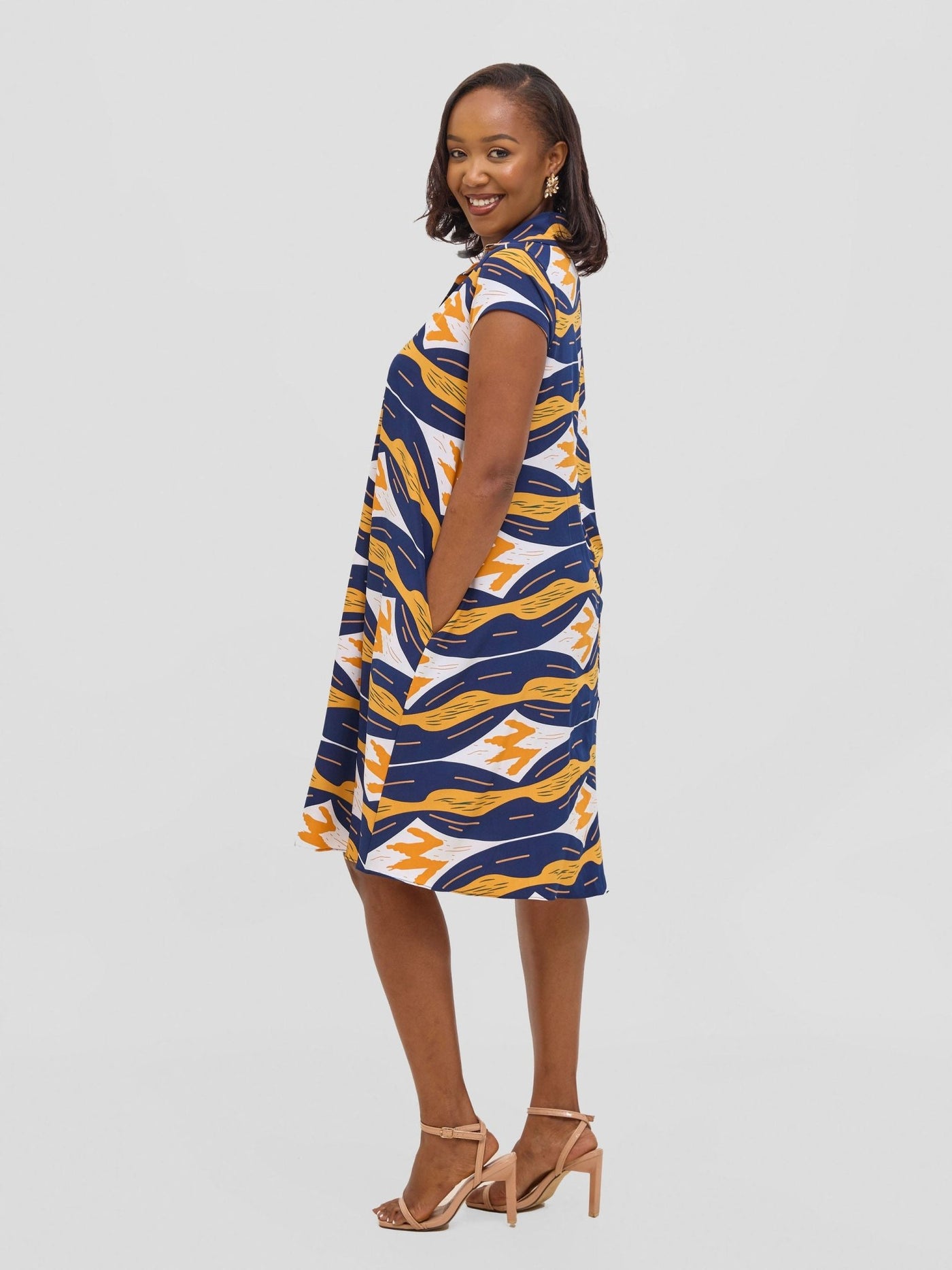 Vivo Yumi Cap Sleeve Dress - Navy / Mustard Print - Shopzetu