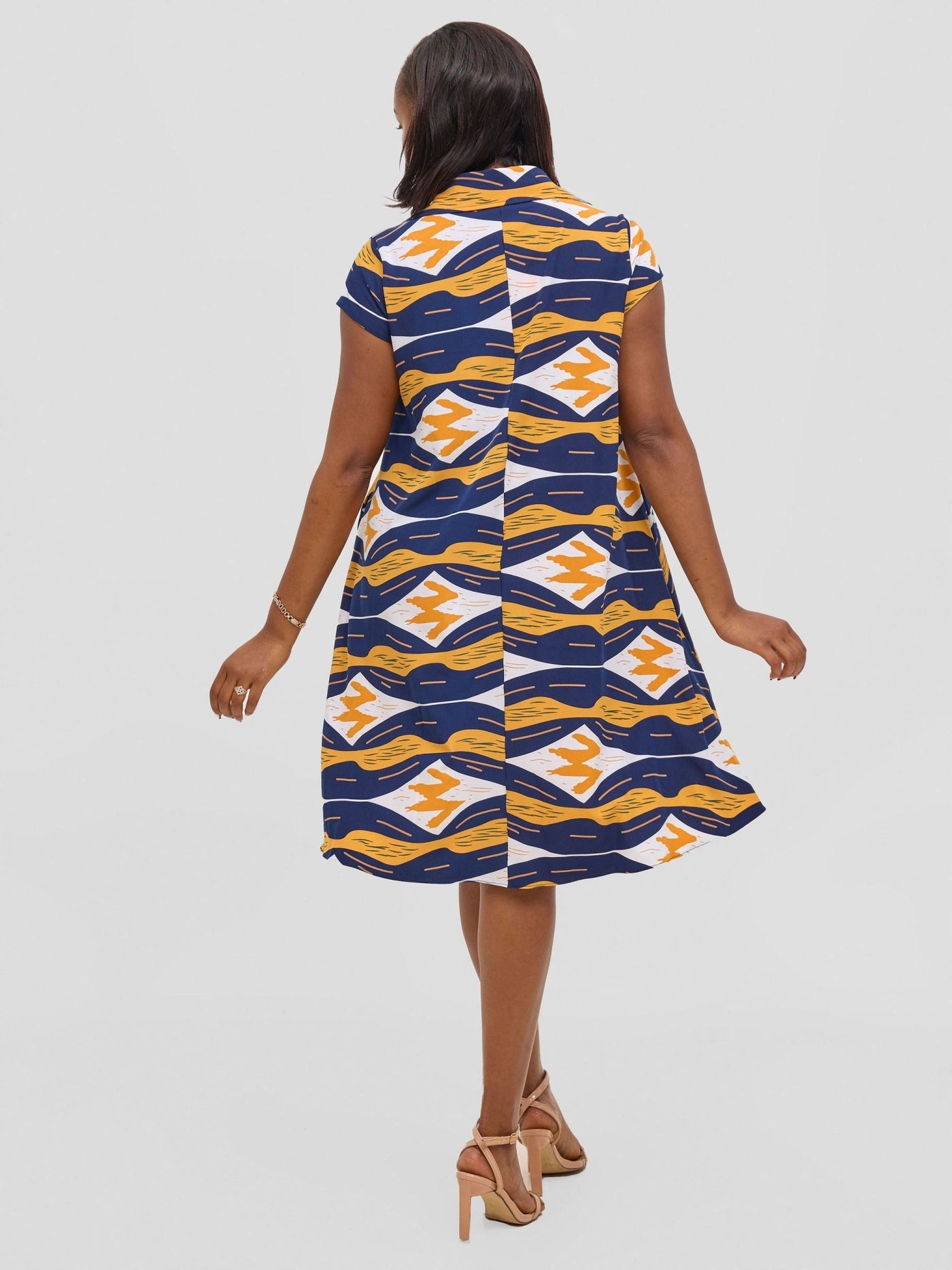 Vivo Yumi Cap Sleeve Dress - Navy / Mustard Print - Shopzetu