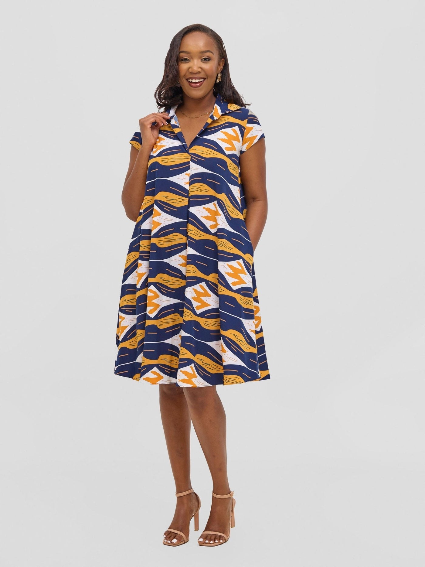 Vivo Yumi Cap Sleeve Dress - Navy / Mustard Print - Shopzetu