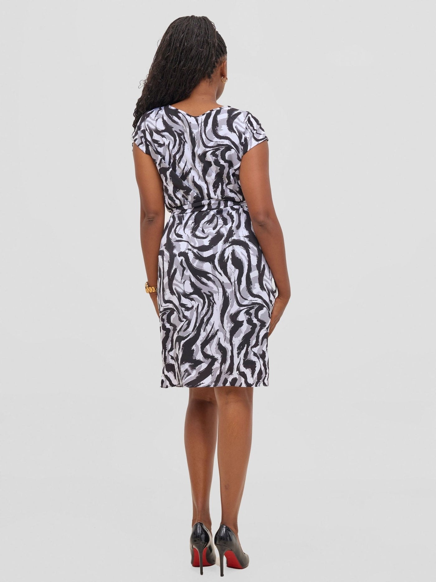 Vivo Muna Cap Sleeved Knee Length Dress - Black / White Print - Shopzetu