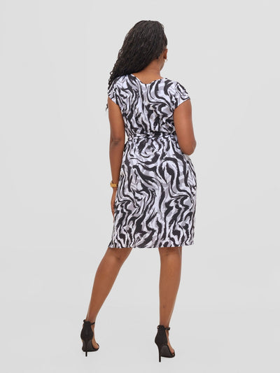 Vivo Muna Cap Sleeved Knee Length Dress - Black / White Print - Shopzetu