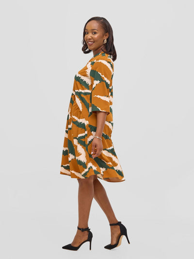 Vivo Reba Gathered Dress - Tan / Green Eba Print - Shopzetu