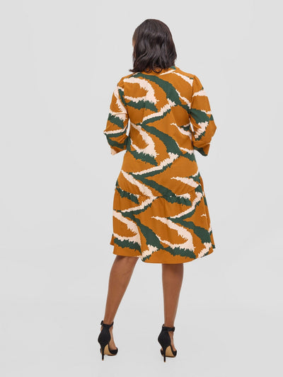 Vivo Reba Gathered Dress - Tan / Green Eba Print - Shopzetu