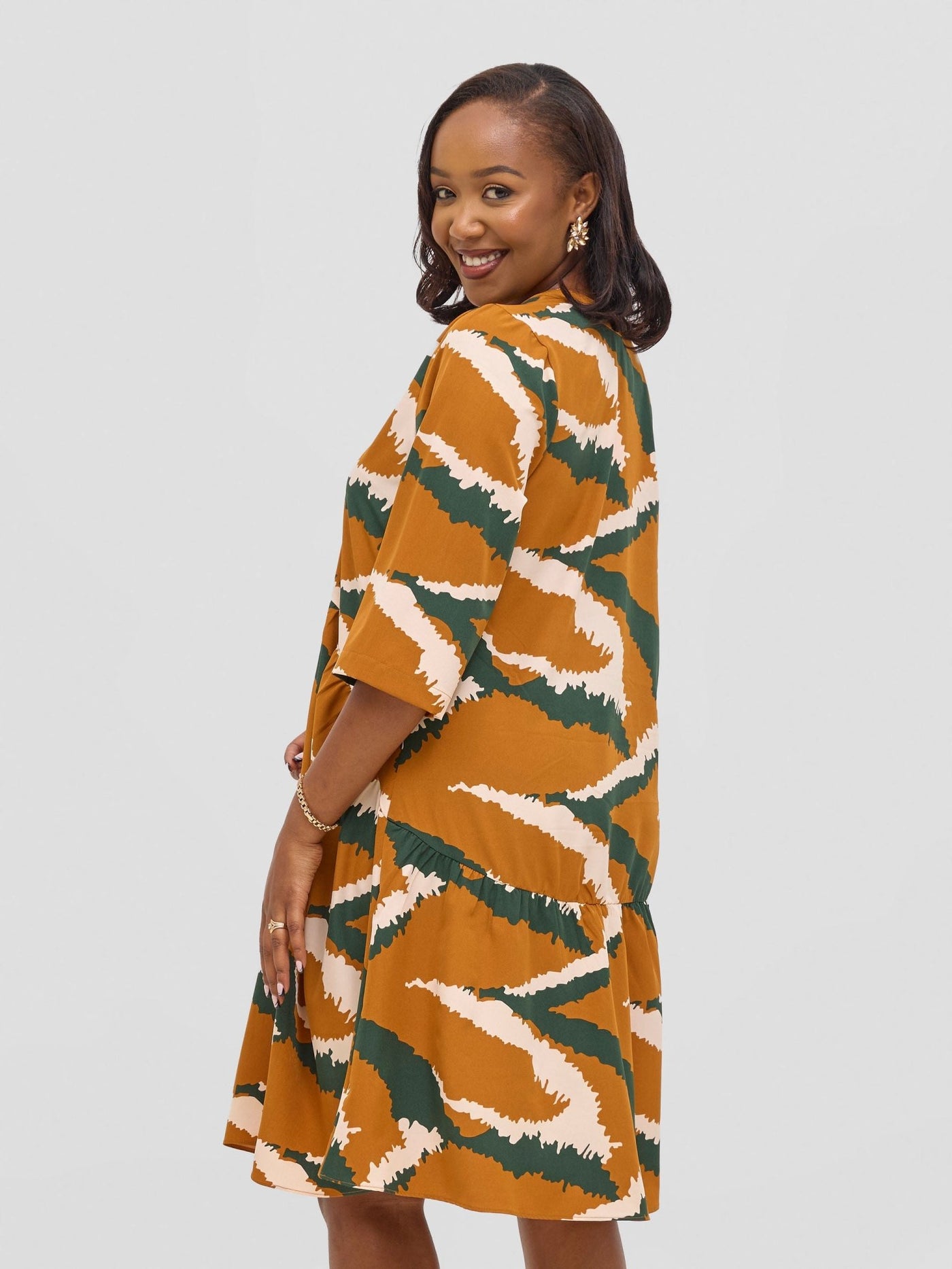 Vivo Reba Gathered Dress - Tan / Green Eba Print - Shopzetu