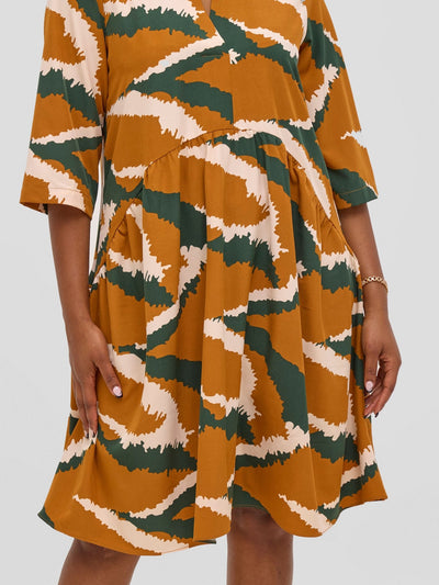 Vivo Reba Gathered Dress - Tan / Green Eba Print - Shopzetu