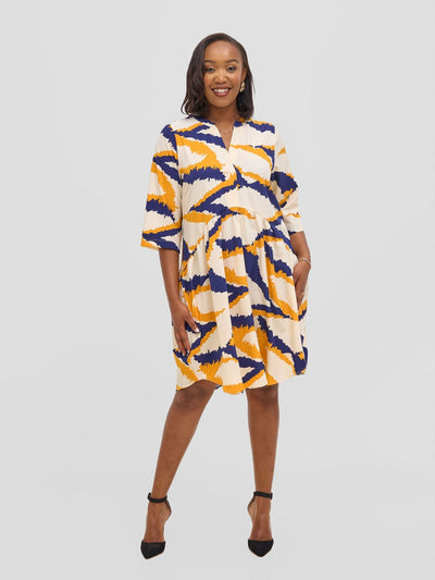 Vivo Reba Gathered Dress - Yellow / Navy Eba Print - Shopzetu