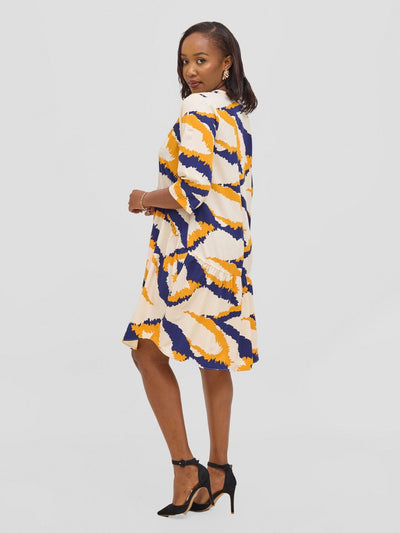 Vivo Reba Gathered Dress - Yellow / Navy Eba Print - Shopzetu