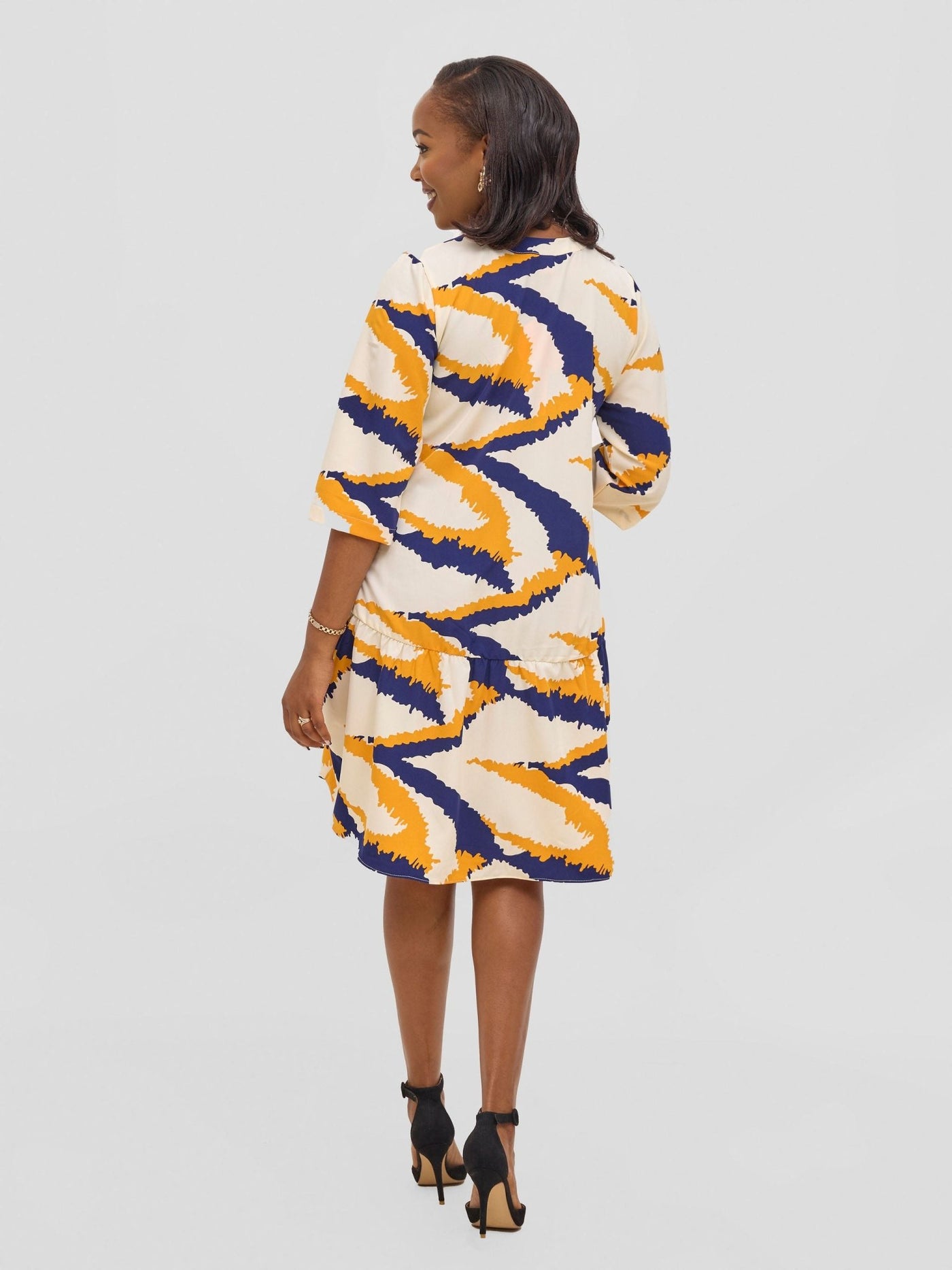 Vivo Reba Gathered Dress - Yellow / Navy Eba Print - Shopzetu