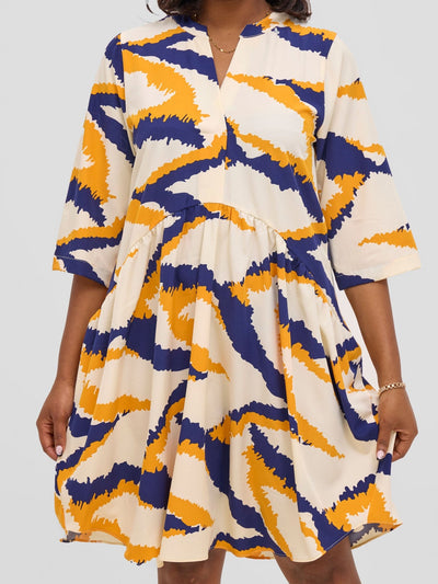 Vivo Reba Gathered Dress - Yellow / Navy Eba Print - Shopzetu