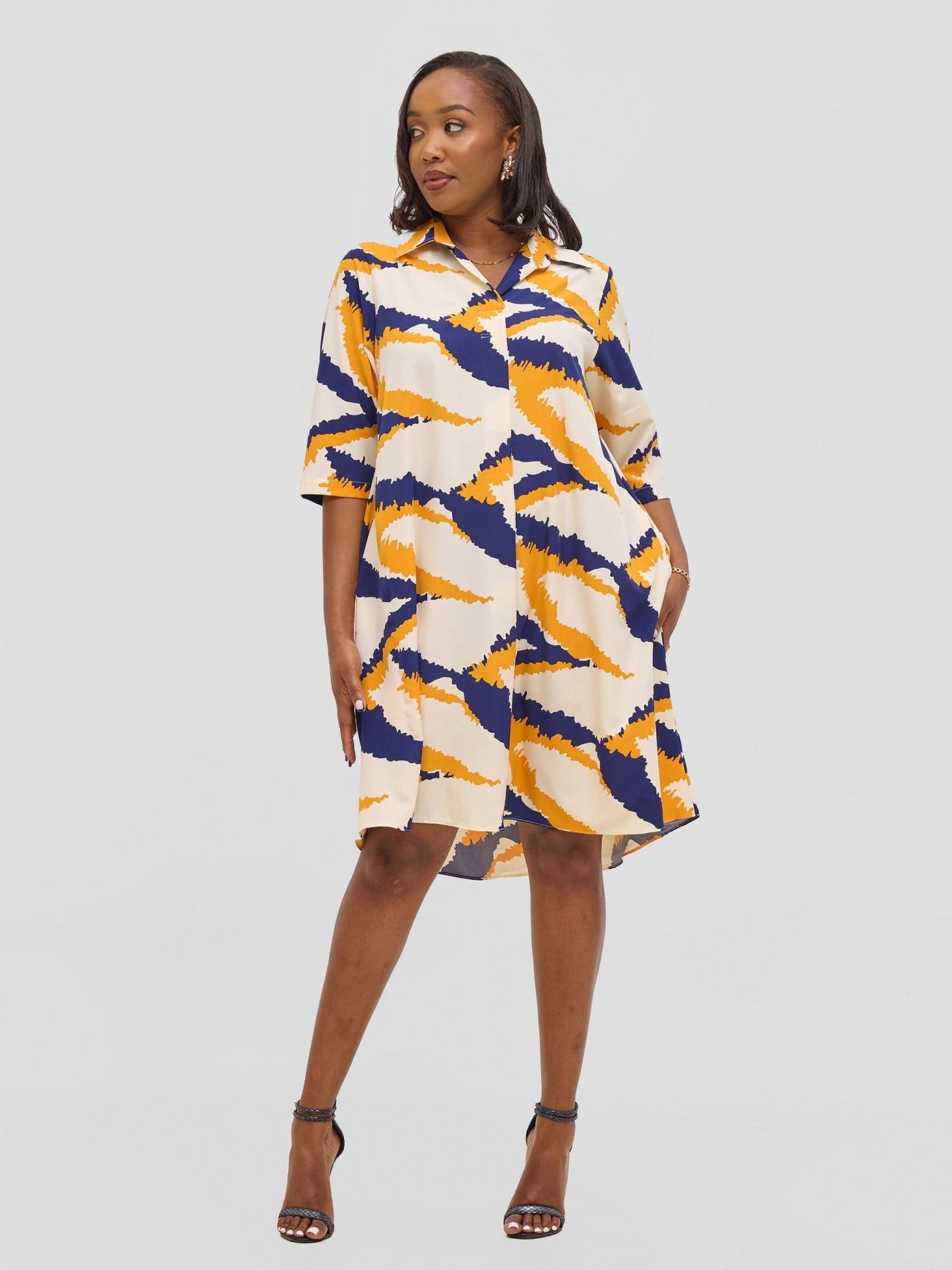 Vivo Reba Hi Low Dress - Yellow / Navy Print - Shopzetu