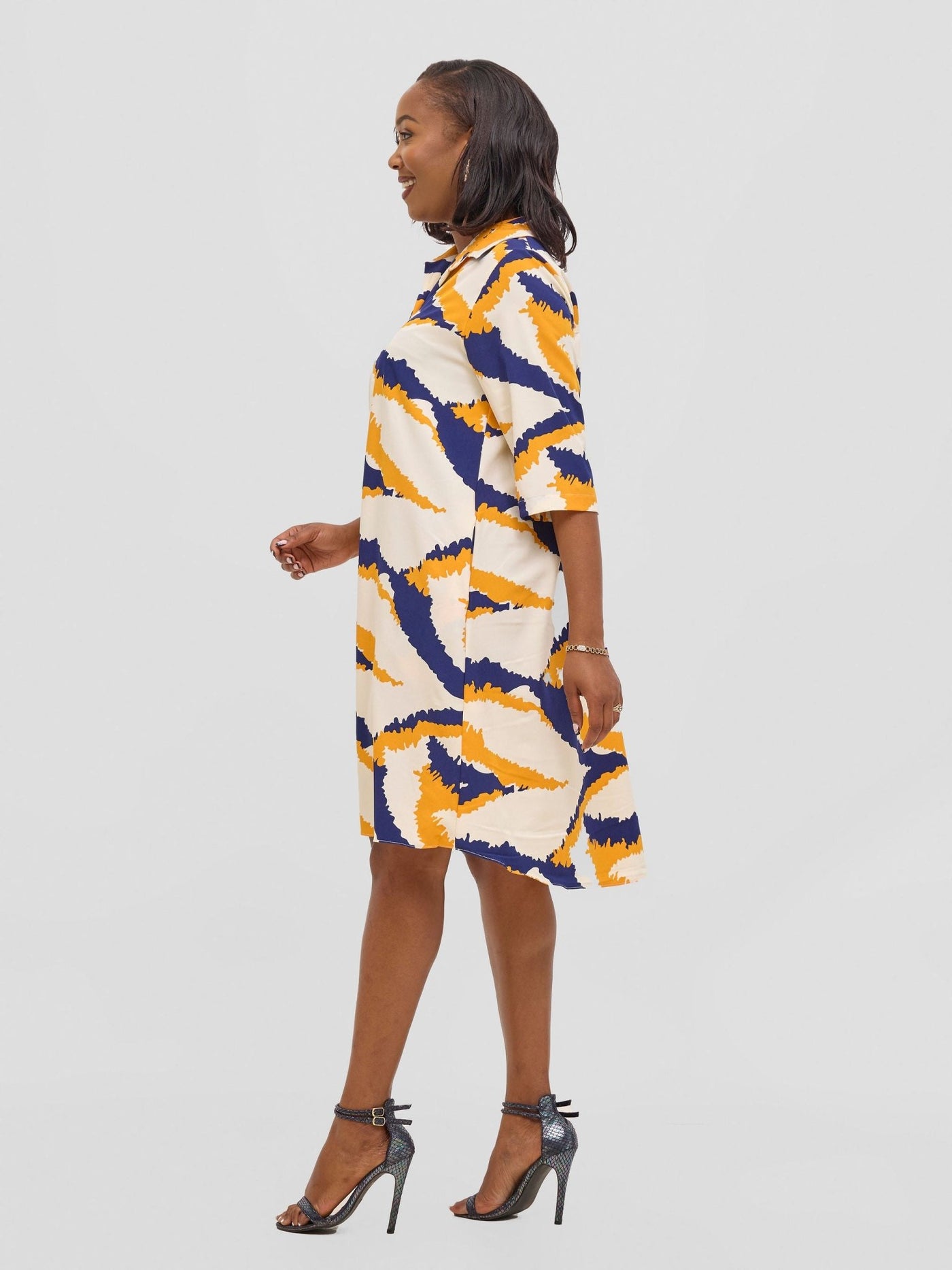 Vivo Reba Hi Low Dress - Yellow / Navy Print - Shopzetu