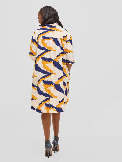 Vivo Reba Hi Low Dress - Yellow / Navy Print - Shopzetu