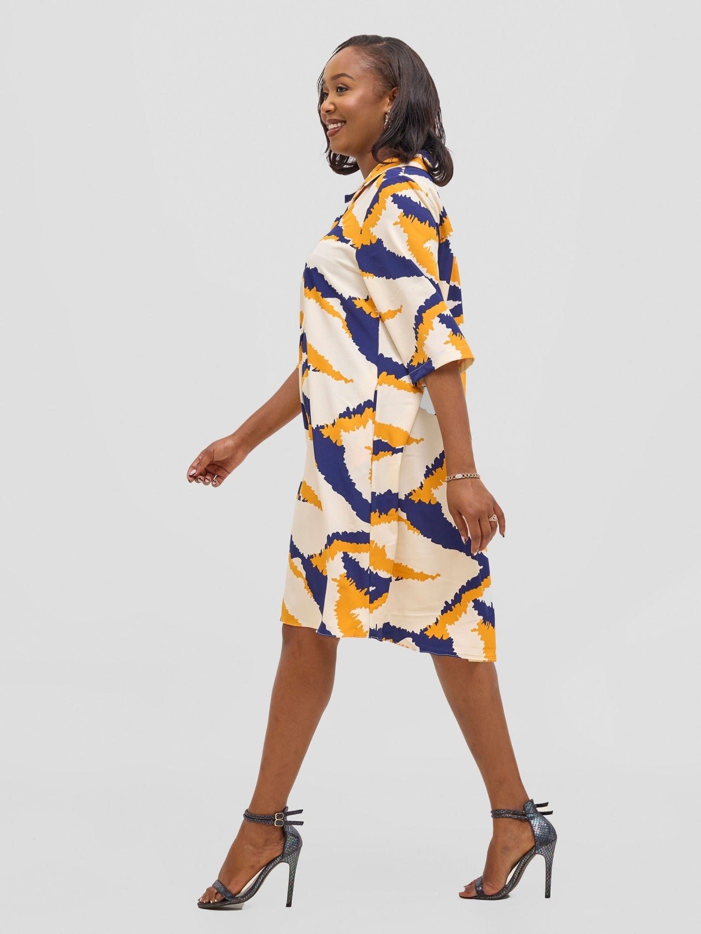 Vivo Reba Hi Low Dress - Yellow / Navy Print - Shopzetu