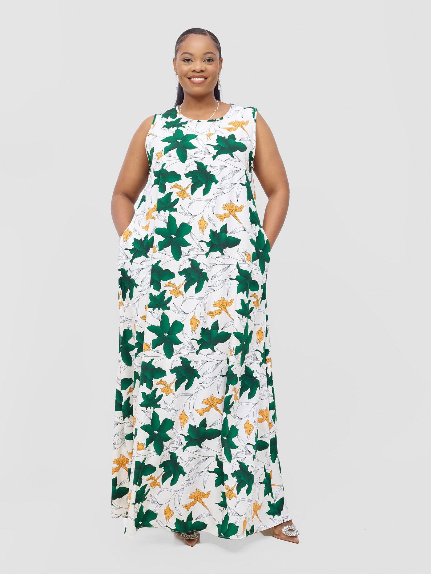 Basic Sleeveless Tent Maxi Dress - White / Green Doret Print