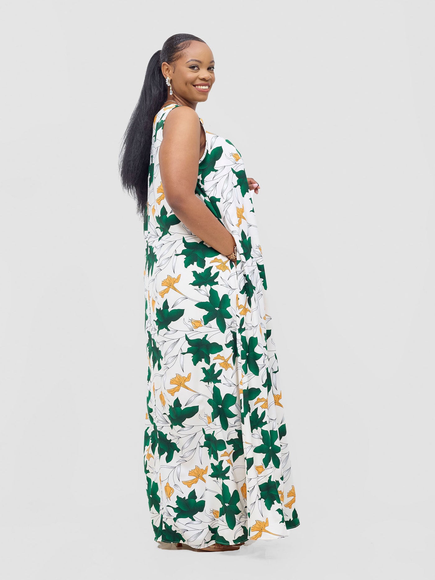 Basic Sleeveless Tent Maxi Dress - White / Green Doret Print