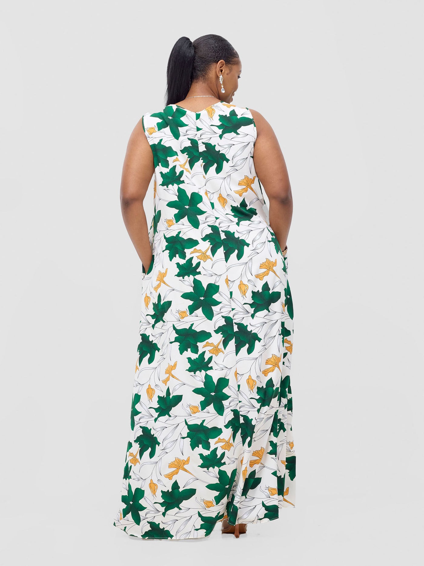 Basic Sleeveless Tent Maxi Dress - White / Green Doret Print