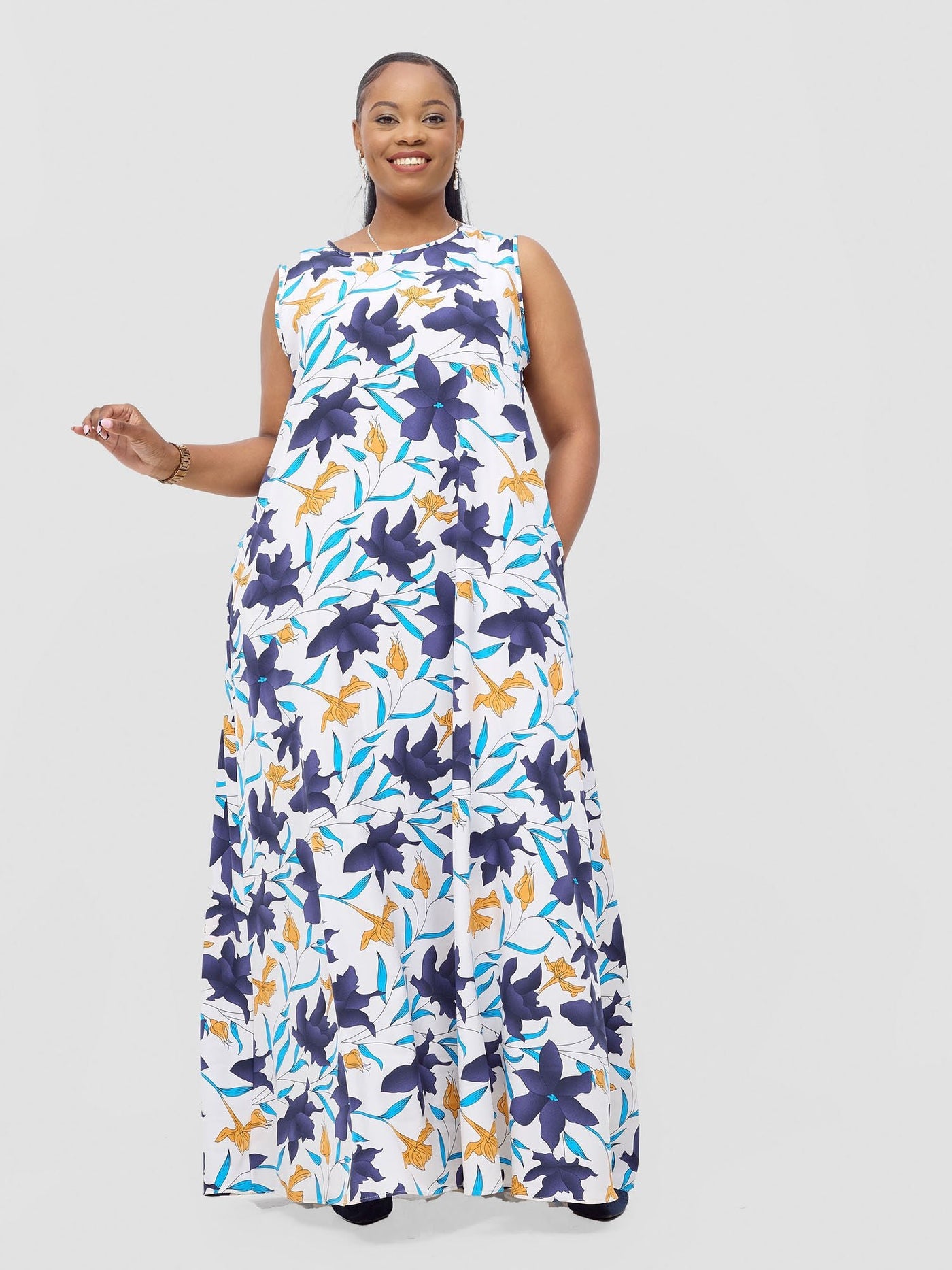 Vivo Basic Sleeveless Tent Maxi Dress - Purple / Blue Doret Print - Shopzetu