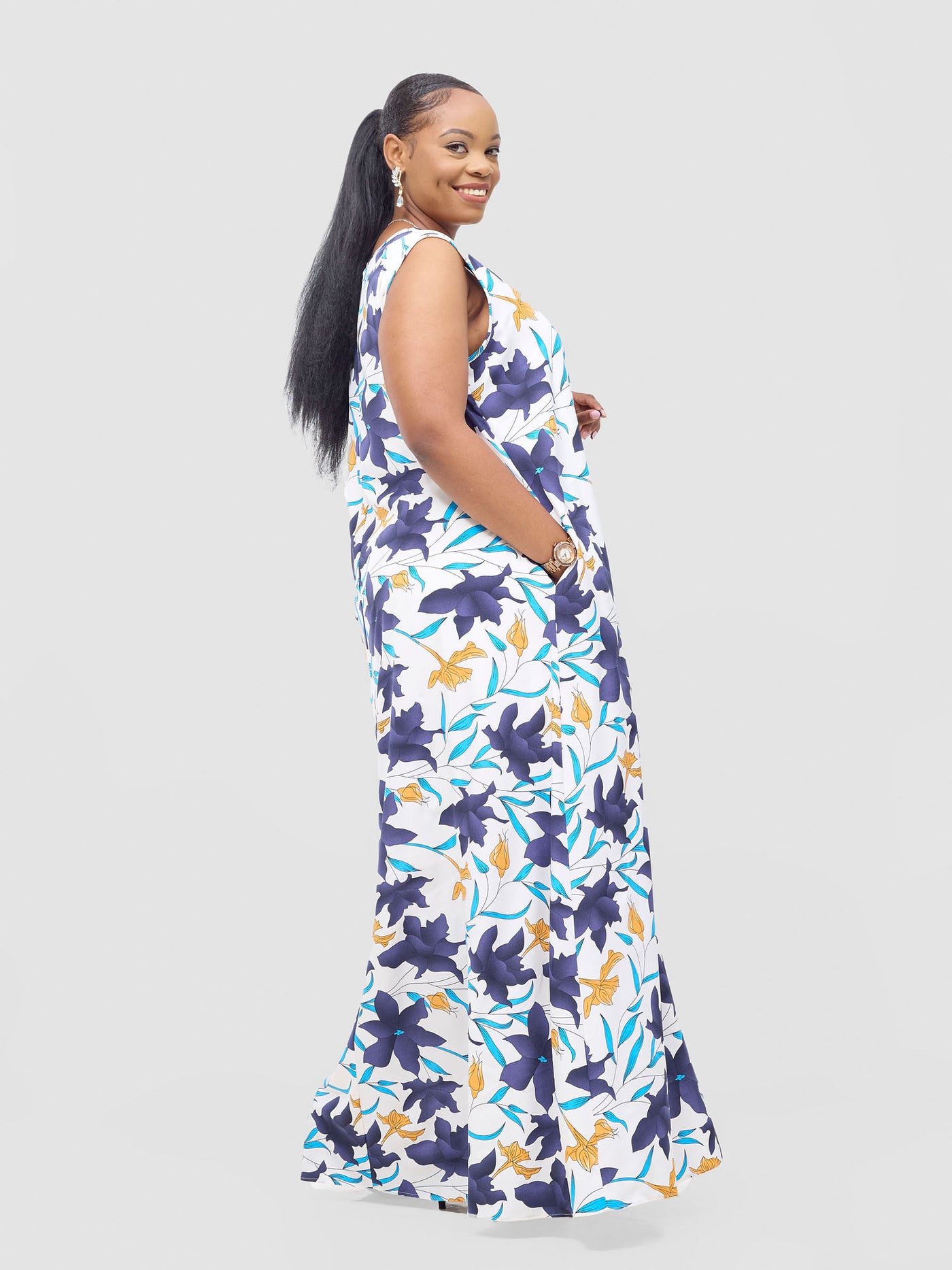 Vivo Basic Sleeveless Tent Maxi Dress - Purple / Blue Doret Print - Shopzetu