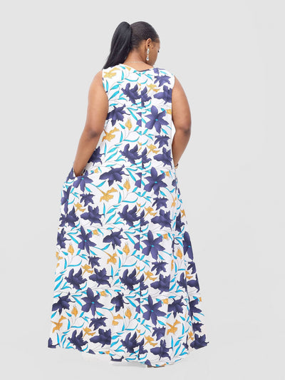 Vivo Basic Sleeveless Tent Maxi Dress - Purple / Blue Doret Print - Shopzetu