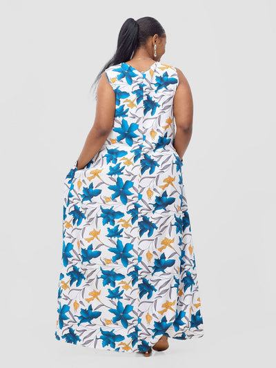 Vivo Basic Sleeveless Tent Maxi Dress - White / Blue Doret Print - Shopzetu