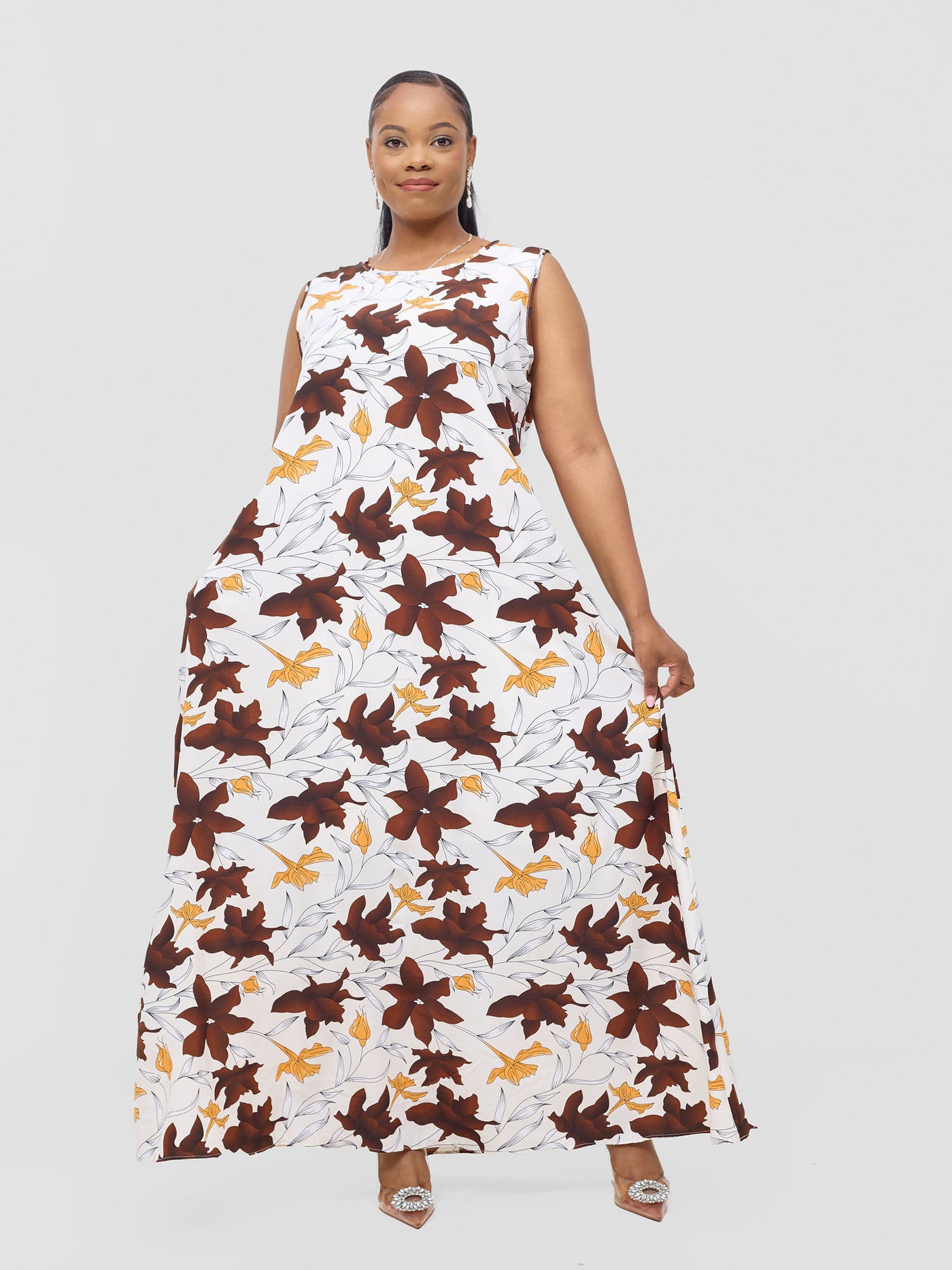 Basic Sleeveless Tent Maxi Dress - Cream / Chocolate Doret Print