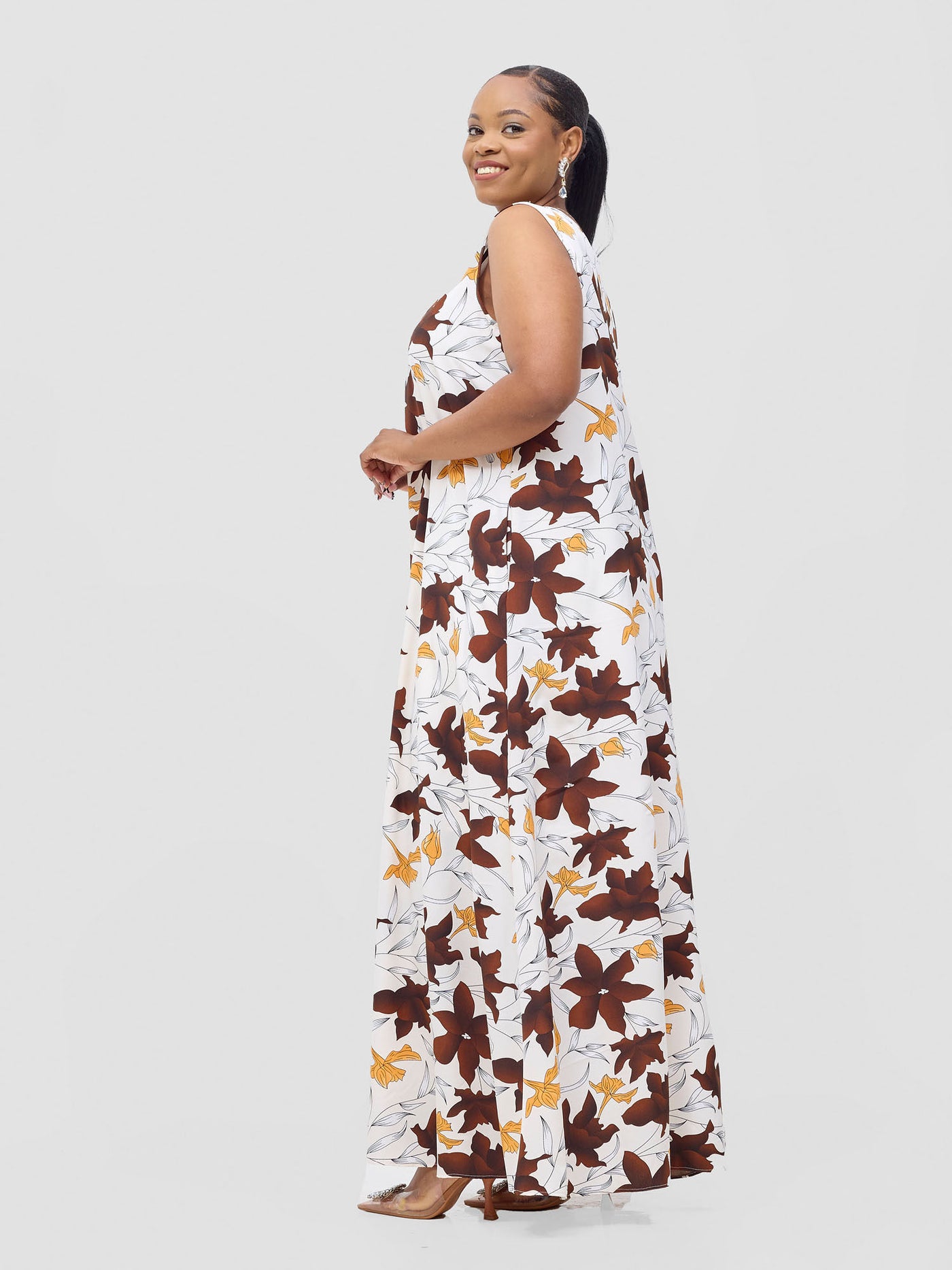 Basic Sleeveless Tent Maxi Dress - Cream / Chocolate Doret Print