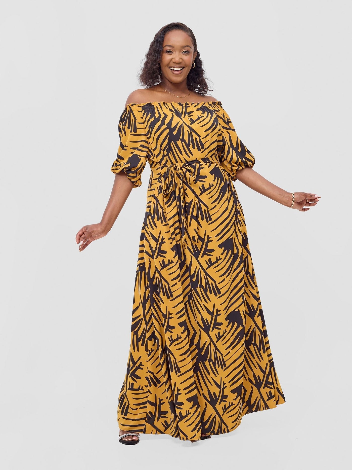 Vivo Ayla Bubble Sleeve Maxi Dress - Mustard / Black Lala Print - Shopzetu