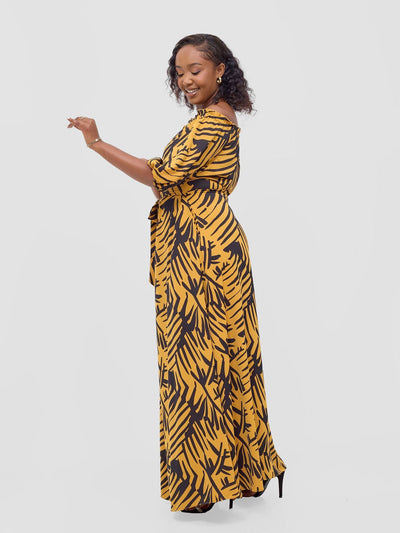 Vivo Ayla Bubble Sleeve Maxi Dress - Mustard / Black Lala Print - Shopzetu