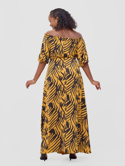 Vivo Ayla Bubble Sleeve Maxi Dress - Mustard / Black Lala Print - Shopzetu