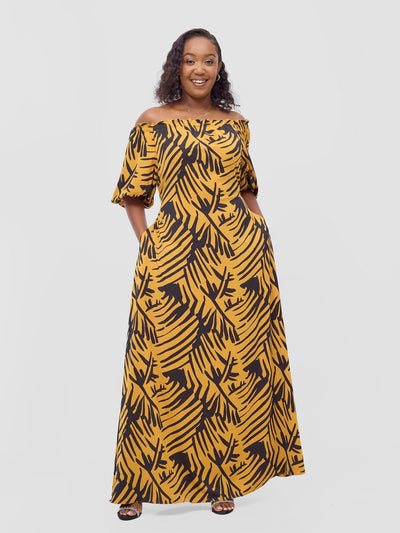 Vivo Ayla Bubble Sleeve Maxi Dress - Mustard / Black Lala Print - Shopzetu