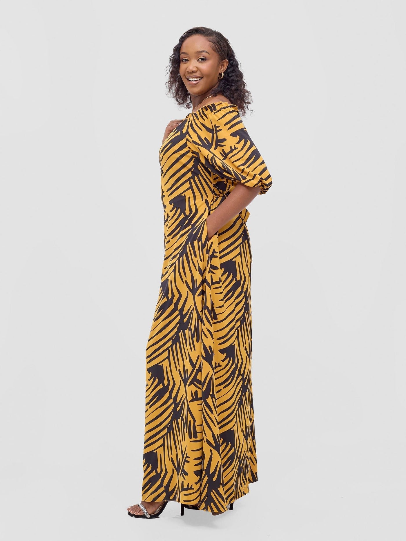 Vivo Ayla Bubble Sleeve Maxi Dress - Mustard / Black Lala Print - Shopzetu