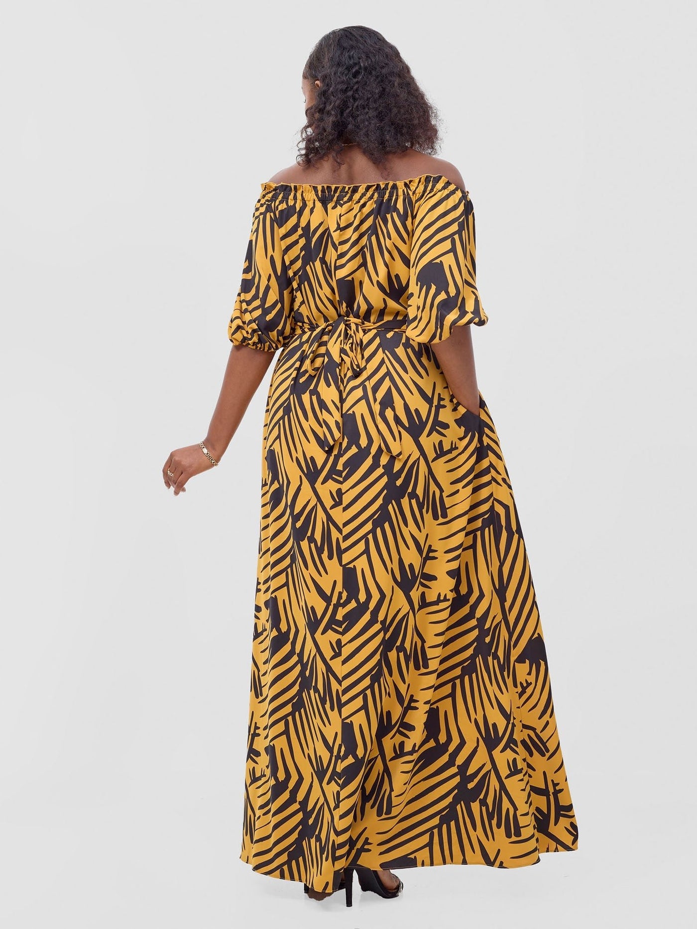 Vivo Ayla Bubble Sleeve Maxi Dress - Mustard / Black Lala Print - Shopzetu