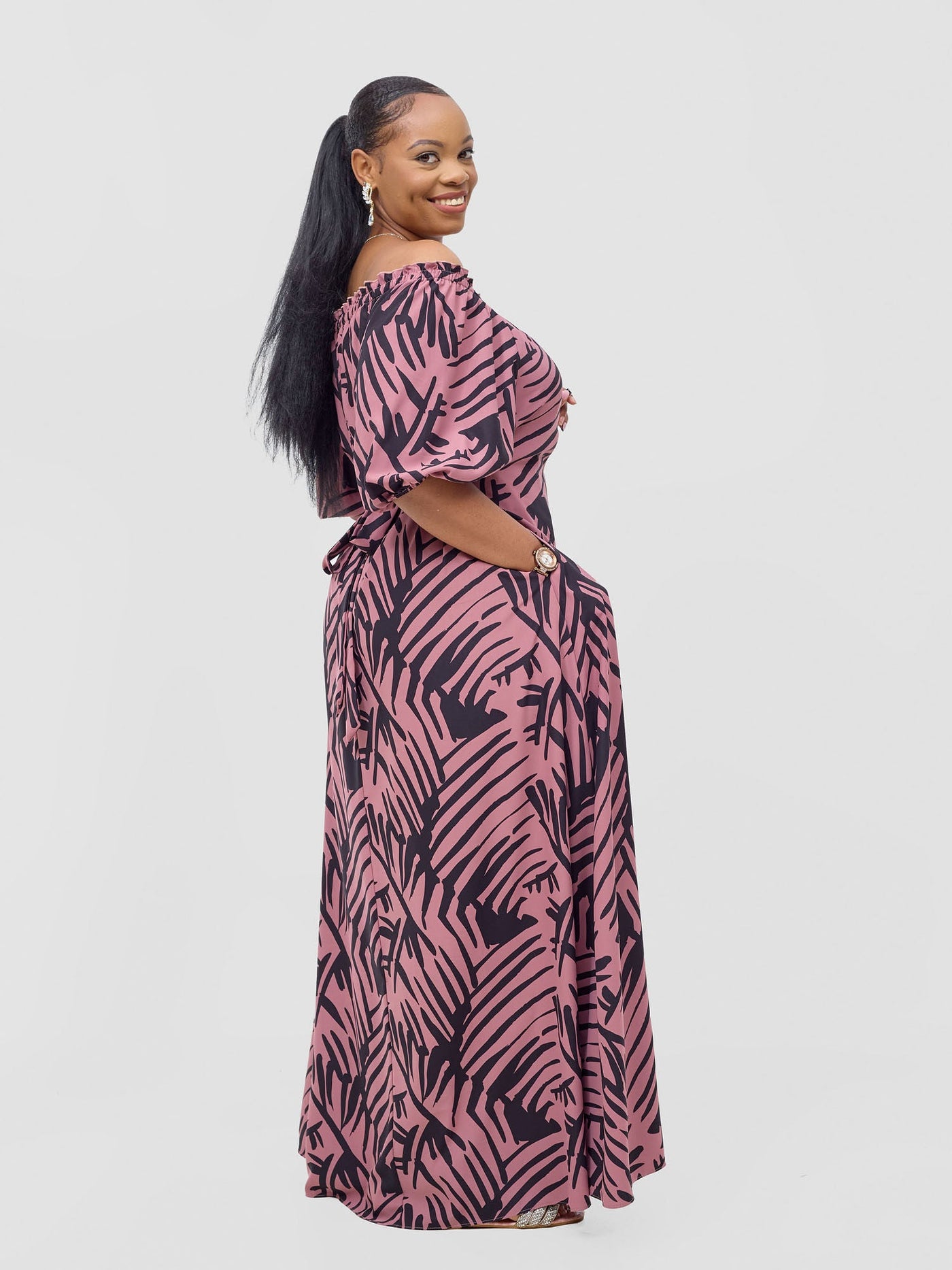 Vivo Ayla Bubble Sleeve Maxi Dress - Blush Pink/ Black Lala Print - Shopzetu