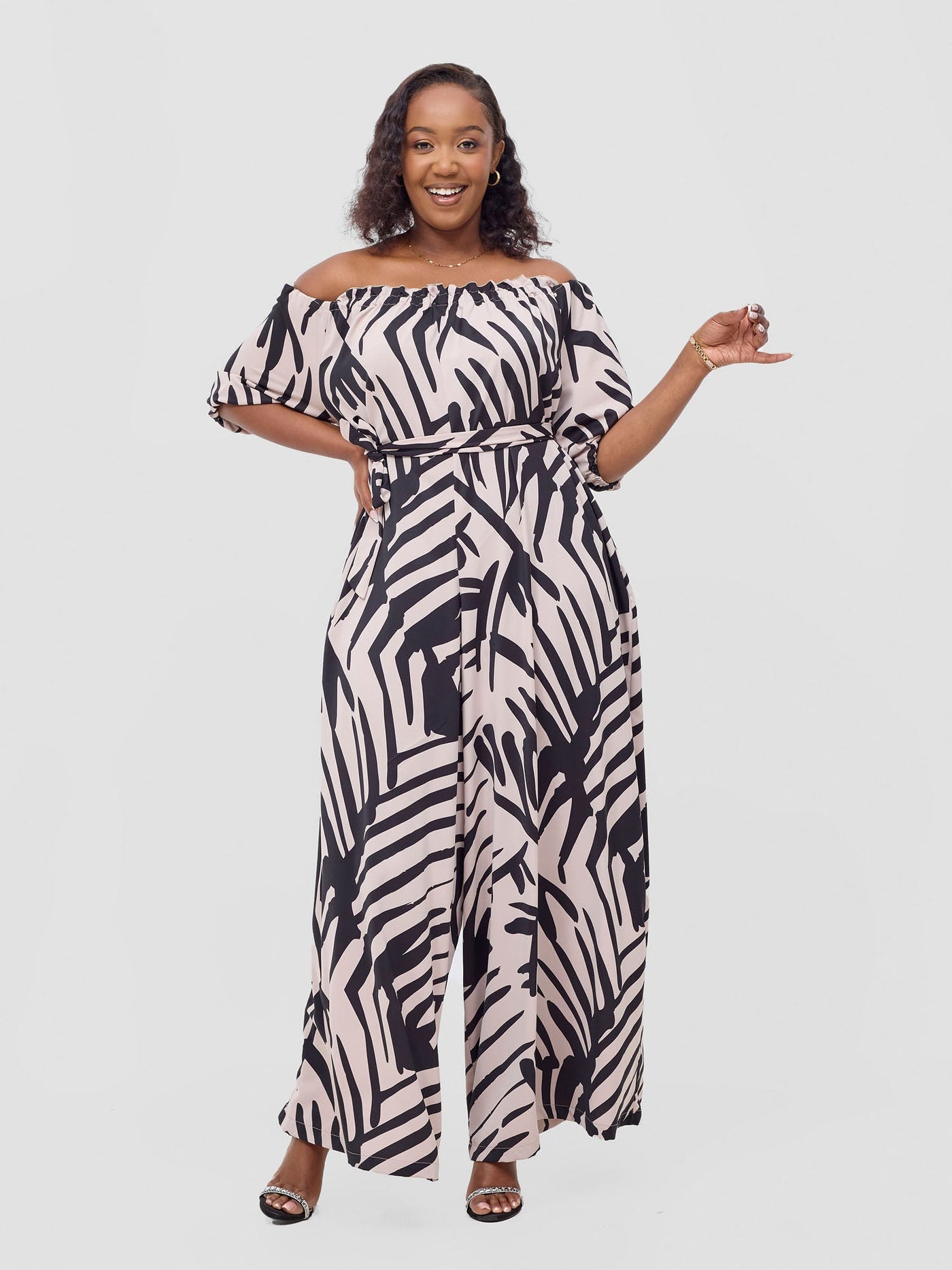 Vivo Ayla Off-Shoulder Jumpsuit - Light Taupe / Black Lala Print