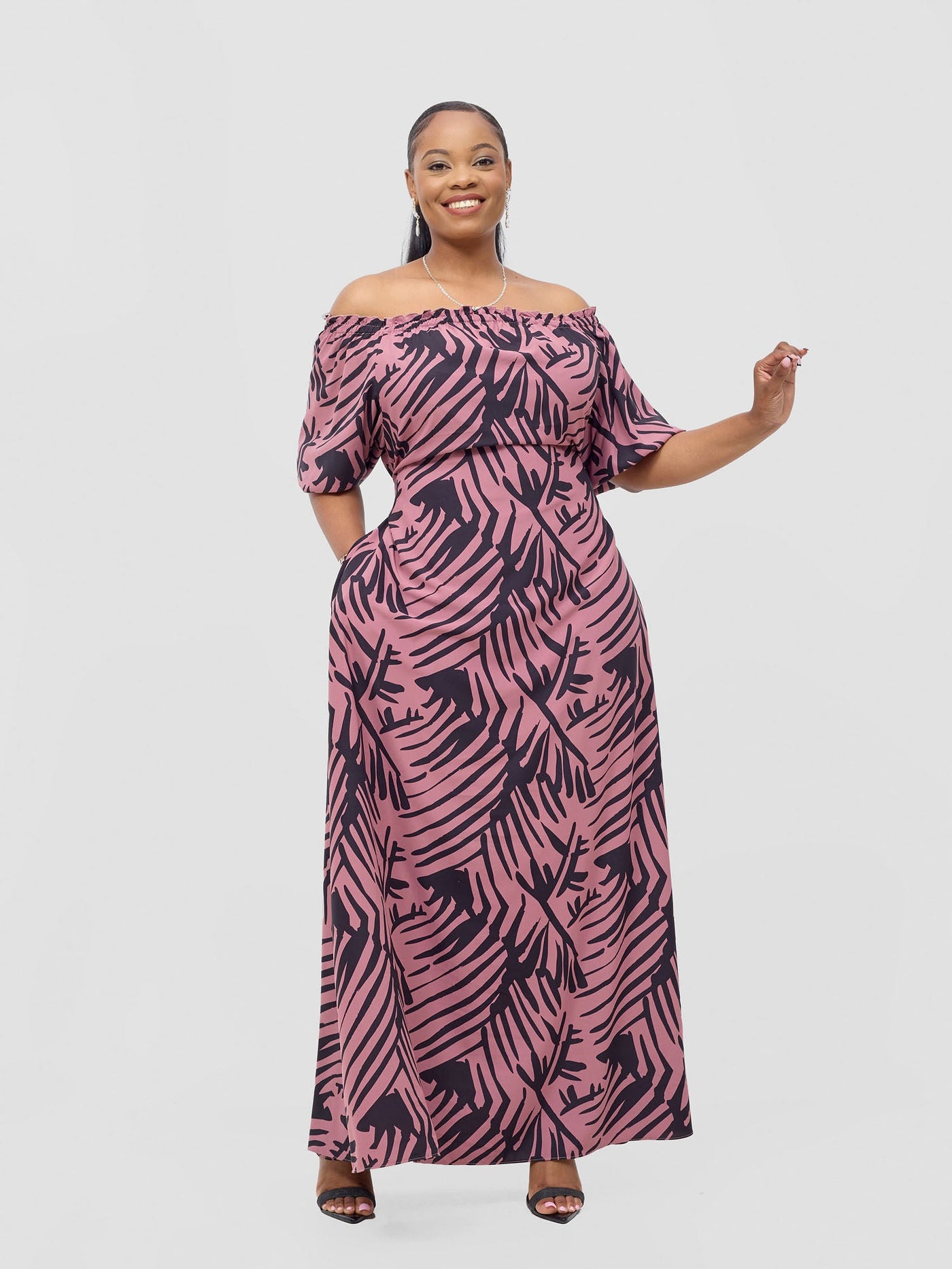 Vivo Ayla Bubble Sleeve Maxi Dress - Blush Pink/ Black Lala Print - Shopzetu