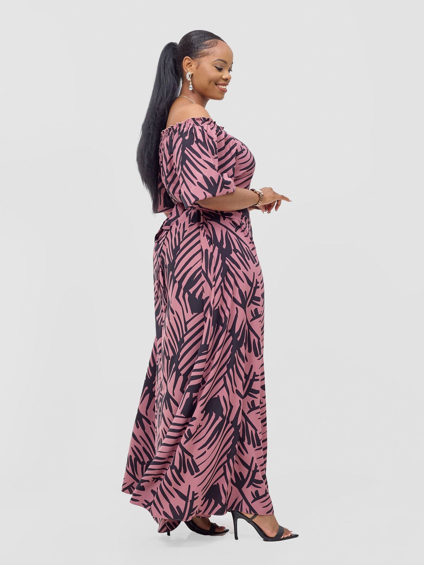 Vivo Ayla Bubble Sleeve Maxi Dress - Blush Pink/ Black Lala Print - Shopzetu