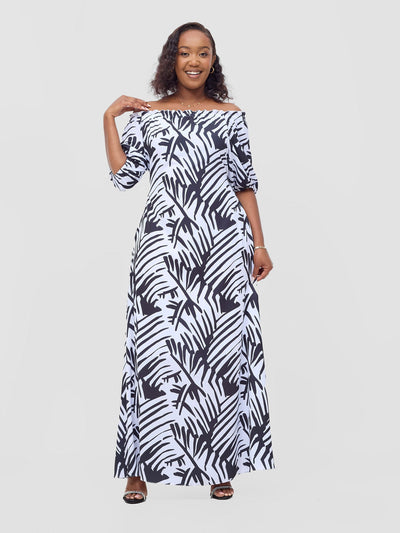 Vivo Ayla Bubble Sleeve Maxi Dress - White / Black Lala Print - Shopzetu