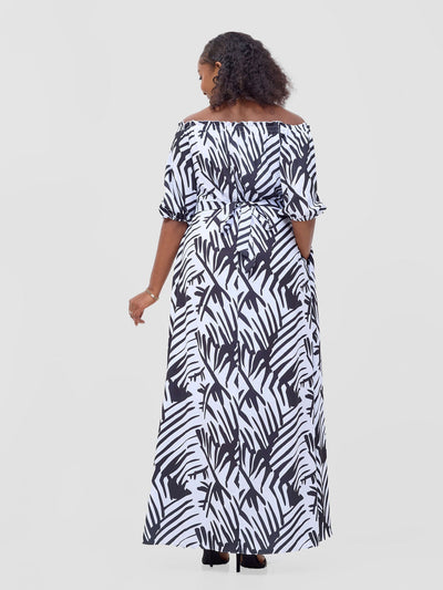 Vivo Ayla Bubble Sleeve Maxi Dress - White / Black Lala Print - Shopzetu