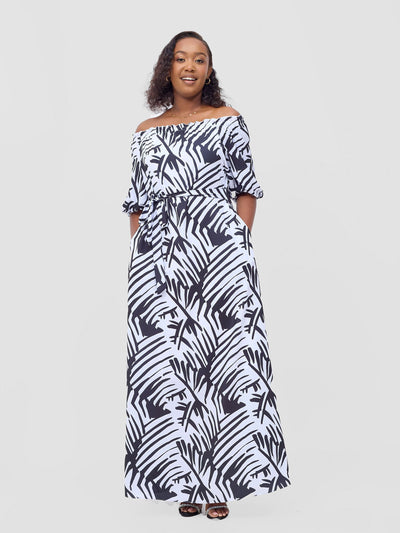 Vivo Ayla Bubble Sleeve Maxi Dress - White / Black Lala Print - Shopzetu