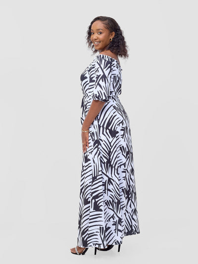 Vivo Ayla Bubble Sleeve Maxi Dress - White / Black Lala Print - Shopzetu