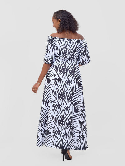 Vivo Ayla Bubble Sleeve Maxi Dress - White / Black Lala Print - Shopzetu