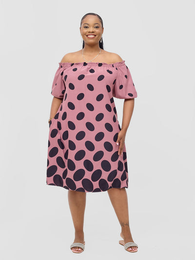 Vivo Ayla Off-Shoulder Dress - Blush Pink/ Black Meti Print