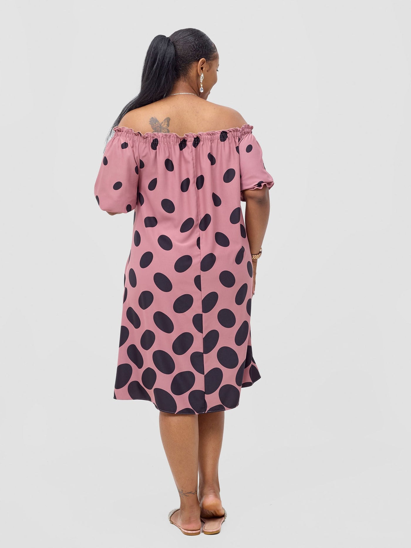 Vivo Ayla Off-Shoulder Dress - Blush Pink/ Black Meti Print